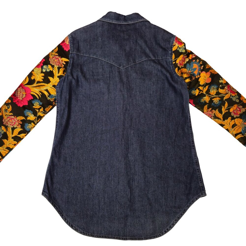 Vintage Denim Shirt Boho Jacket Embroidered Floral Ipekyol Size 6 Hi Low - Picture 8 of 11